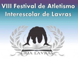 Logotipo do oitavo festival de atletismo interescolar, formado pela figura de um atleta prestes a dar a largada sobre um livro