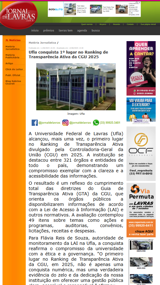 UFLA em Foco: Jornal de Lavras salienta a universidade no 1º lugar no Ranking de Transparência Ativa da CGU em 2025, evidenciando as ações da Autoridade de Monitoramento da LAI da UFLA